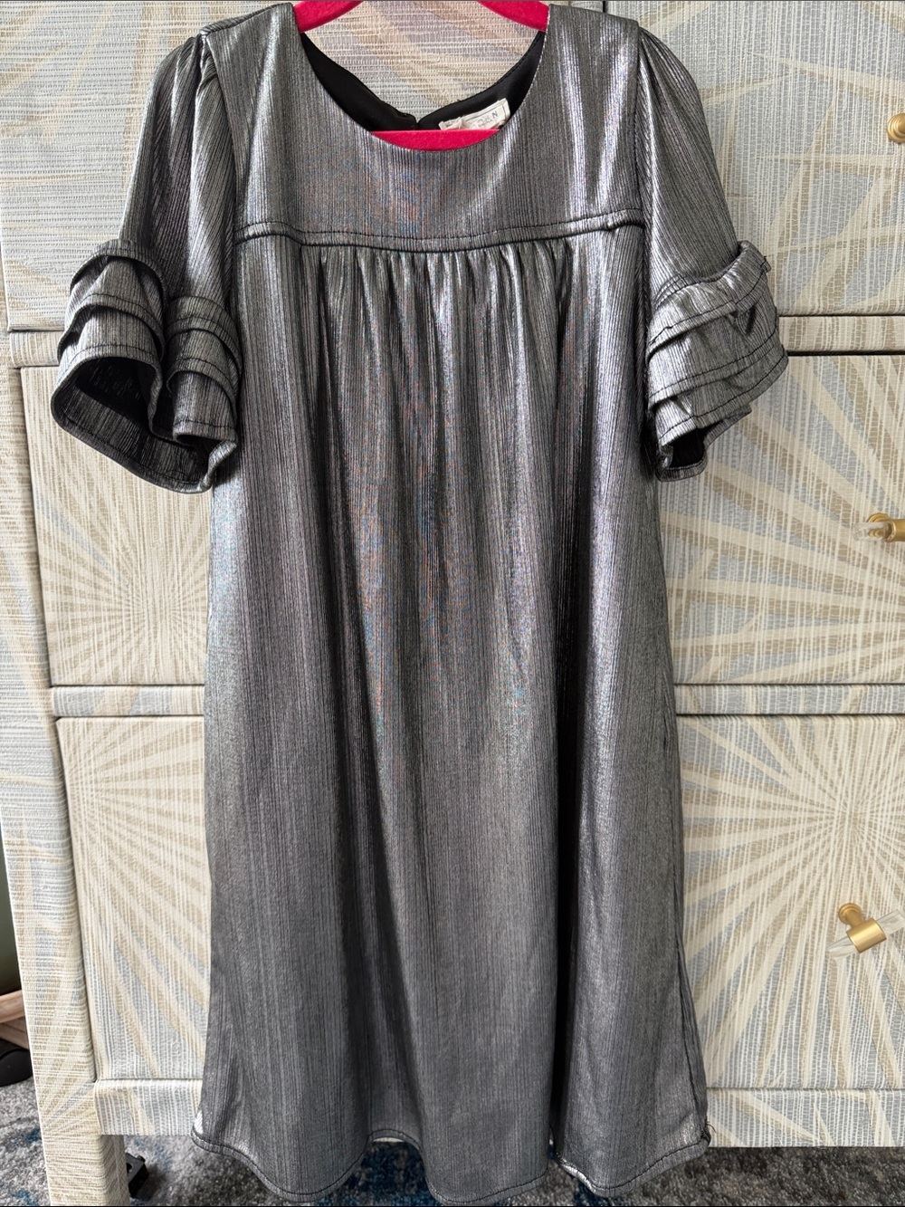 Hayden Metallic Silver Girls Dress with Ruffle Sleeves